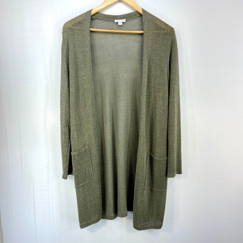 J Jill Moss Green Linen Blend Long Open Cardigan Sweater Womens Small Petite